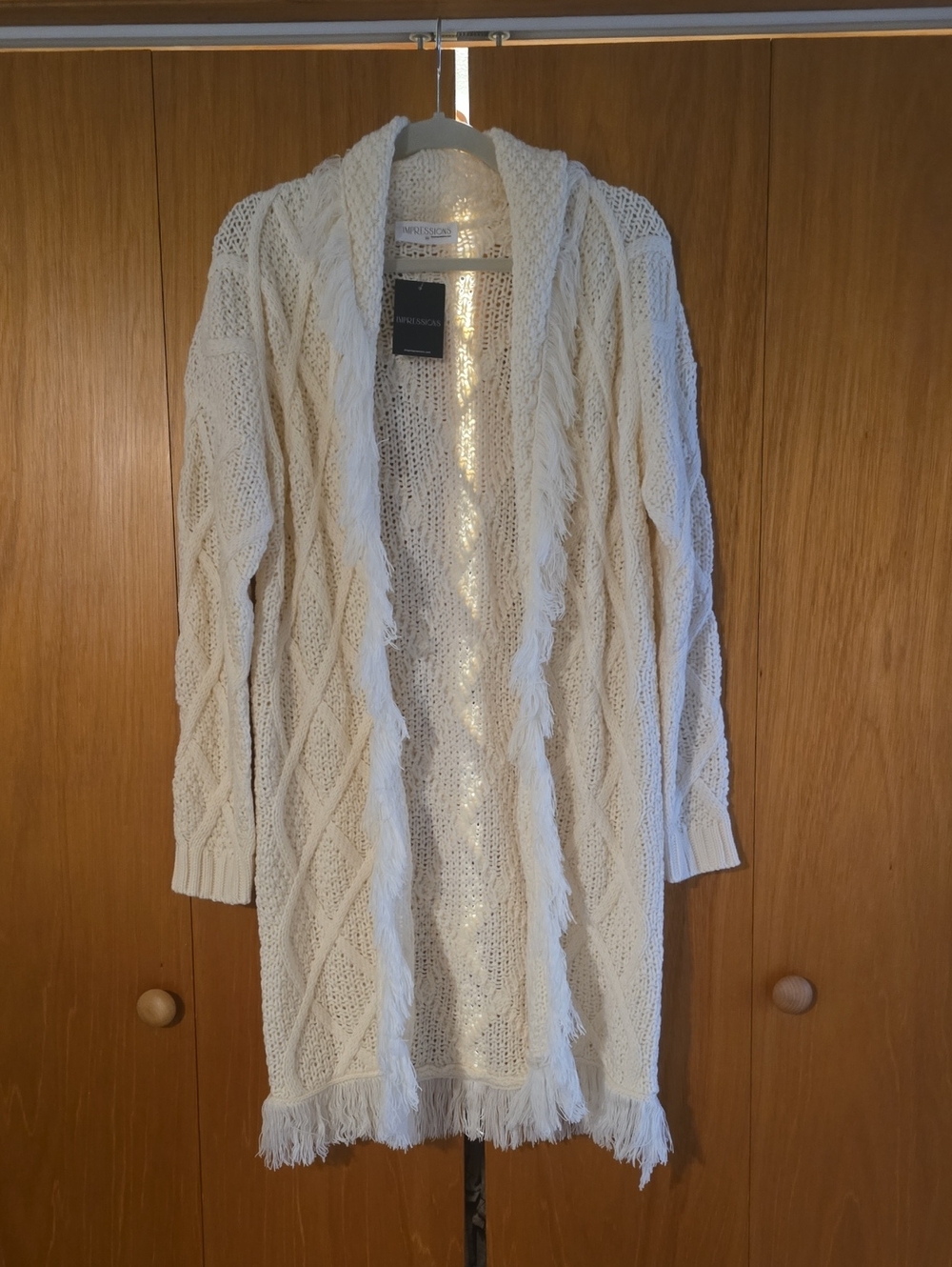 Chelsea & Violet Off-White Fringe Cable Knit Open Cardigan